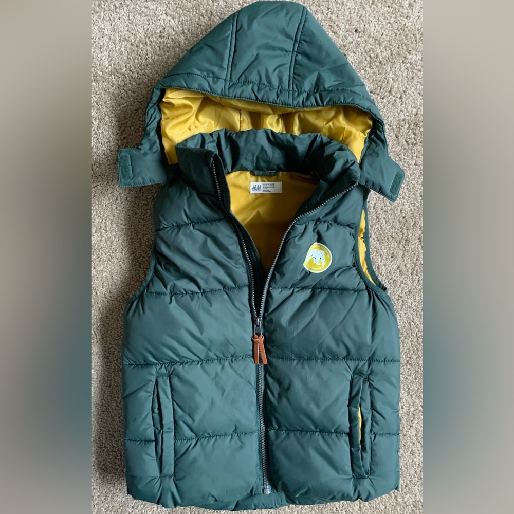 Big Kid H&M Dark Green Puffer Vest with Yellow Lining and Detachable Hood